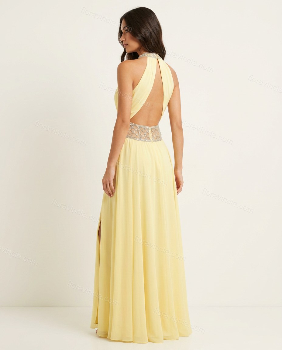 Yellow Maxi Halter Rhinestone Dress, back studio view showing open back design with sheer embellished waist panel, by Floravincie