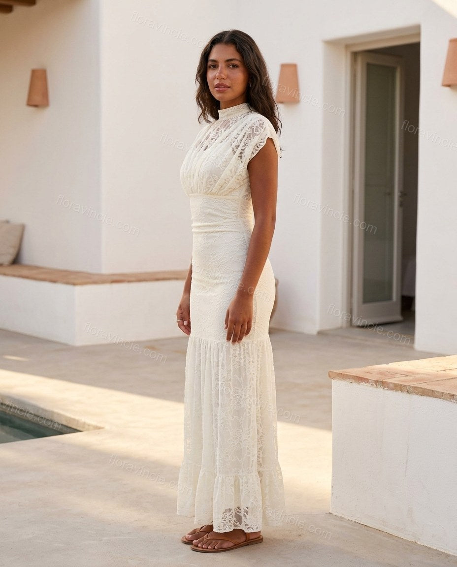 White Floral Maxi Tiered Dress, alternate use-case lifestyle view, by Floravincie