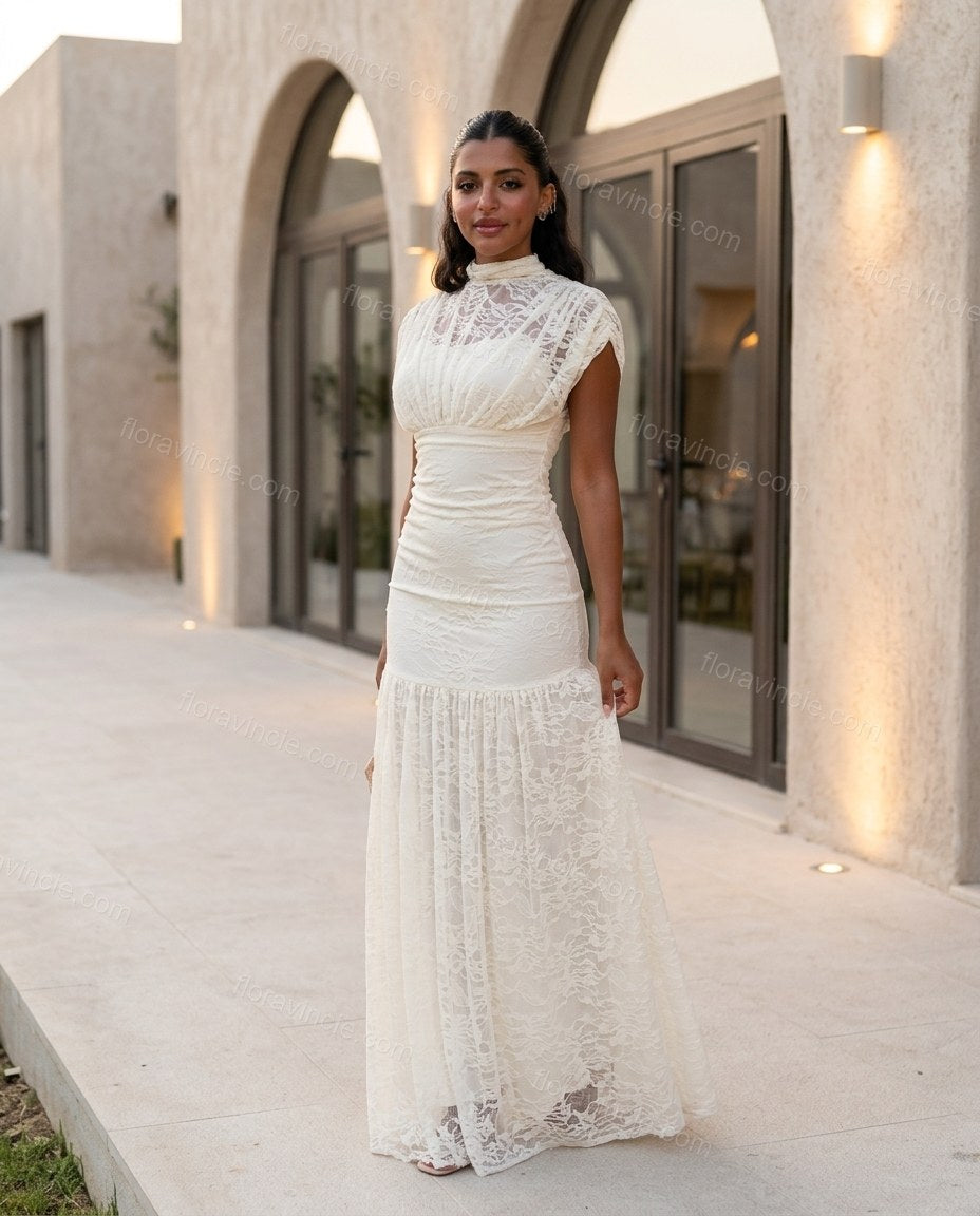 White Floral Maxi Tiered Dress, three-quarter brand lifestyle view, by Floravincie