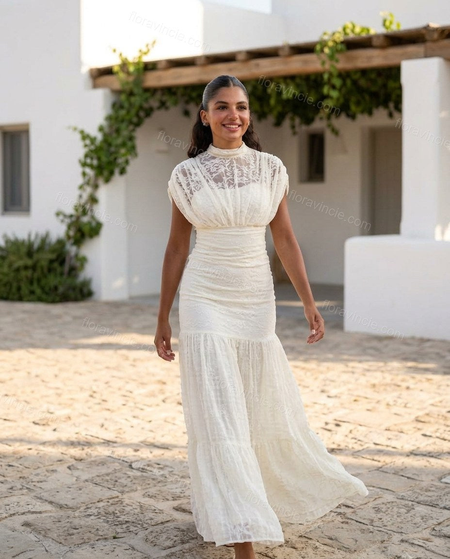 White Floral Maxi Tiered Dress, walking lifestyle view, by Floravincie