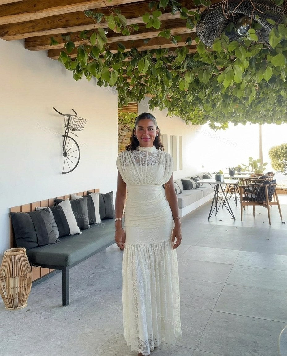 White Floral Maxi Tiered Dress, full-length hero view, by Floravincie