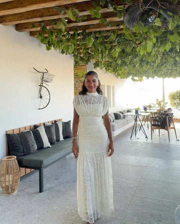 White Floral Maxi Tiered Dress, full-length hero view, by Floravincie
