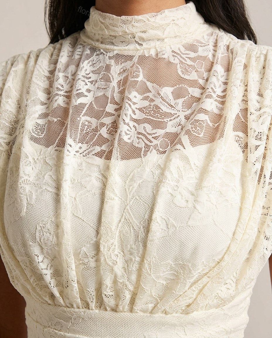 White Floral Maxi Tiered Dress, close-up of floral, by Floravincie