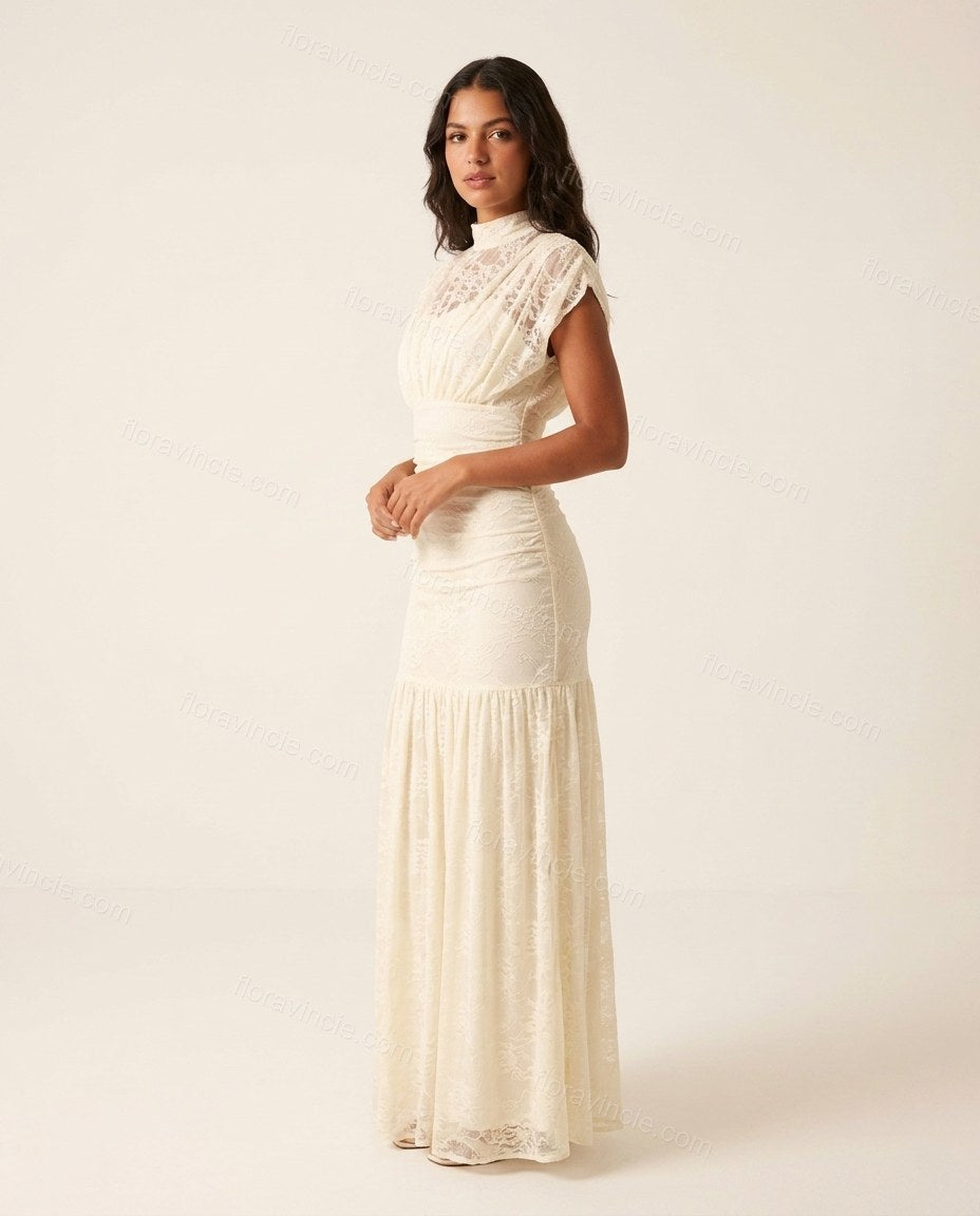 White Floral Maxi Tiered Dress, side and back studio view, by Floravincie