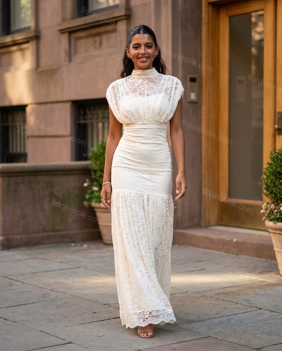 White Floral Maxi Tiered Dress, movement and fit lifestyle view, by Floravincie