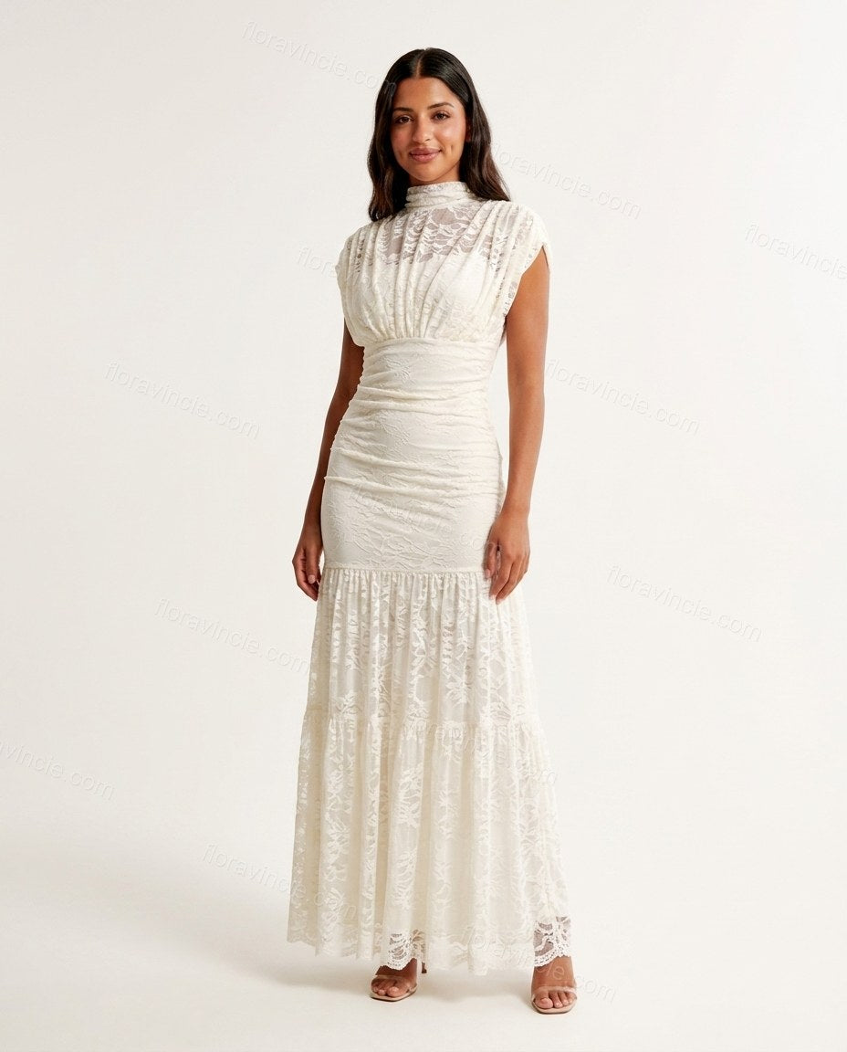 White Floral Maxi Tiered Dress, front studio view, by Floravincie