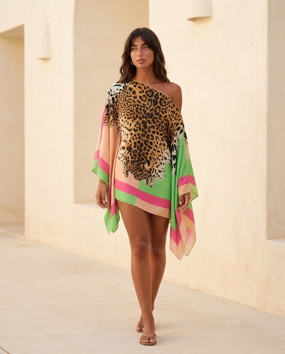 Brown Leopard Print Mini One-Shoulder Dress, full-length hero view, by Floravincie