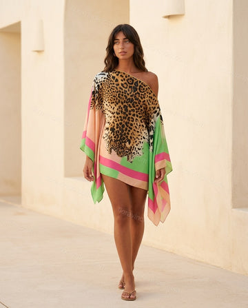 Brown Leopard Print Mini One-Shoulder Dress, full-length hero view, by Floravincie