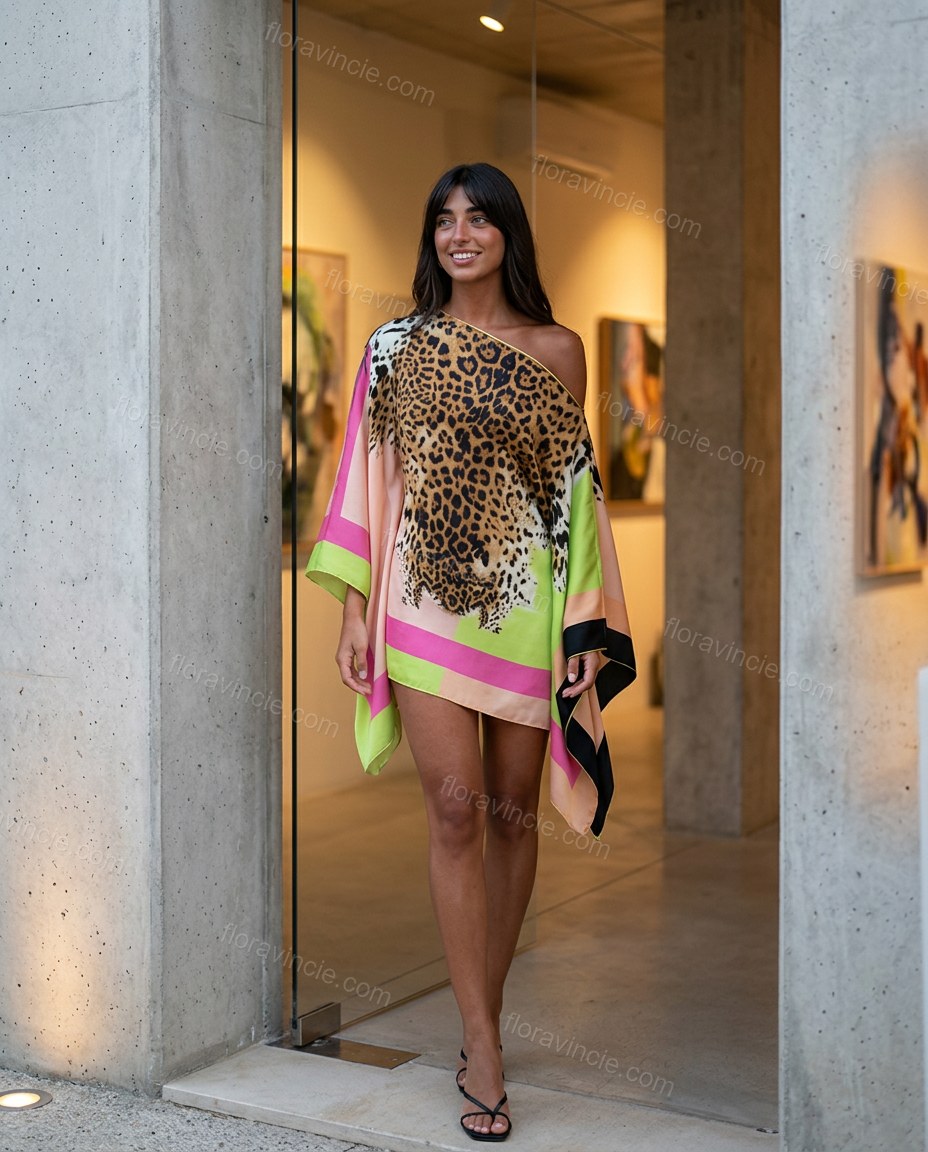 Brown Leopard Print Mini One-Shoulder Dress, three-quarter brand lifestyle view, by Floravincie