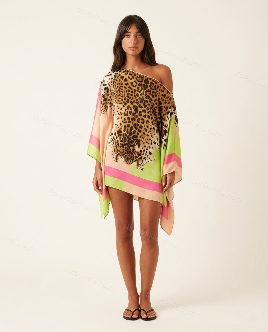 Brown Leopard Print Mini One-Shoulder Dress, front studio view, by Floravincie