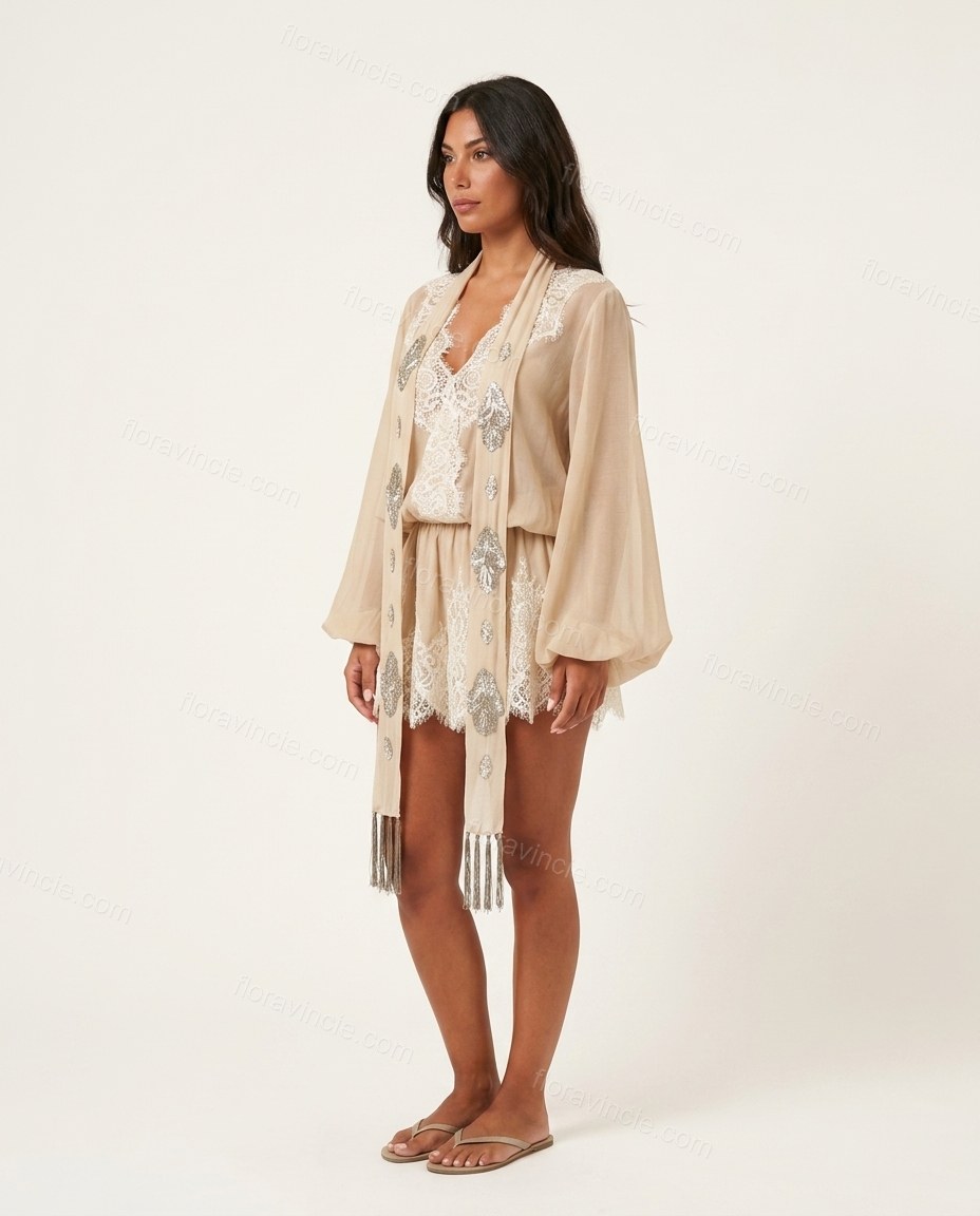 Beige Lace Dress, side and back studio view, by Floravincie