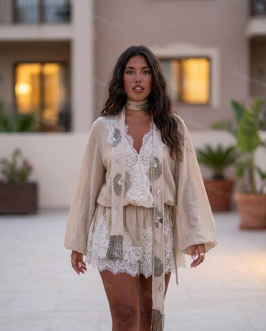 Beige Lace Dress, movement and fit lifestyle view, by Floravincie