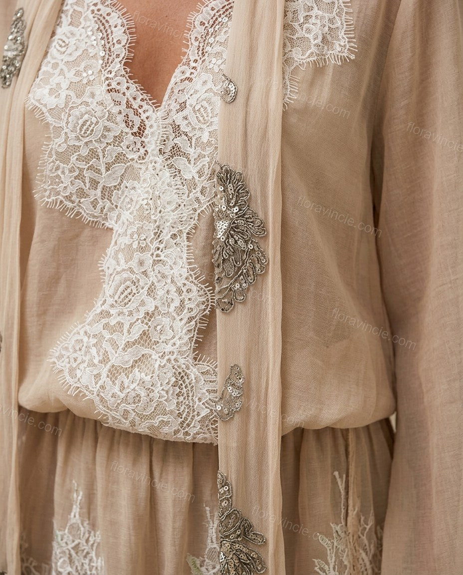 Beige Lace Dress, close-up of white accents, lace trim and sheer fabric, by Floravincie