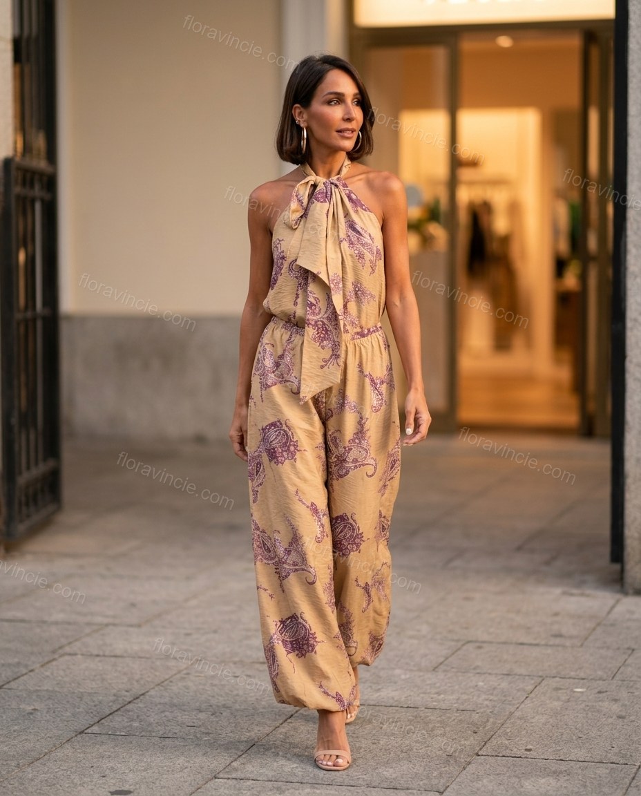Tan Paisley Halter Tie-Neck Jumpsuit, alternate use-case lifestyle view, by Floravincie