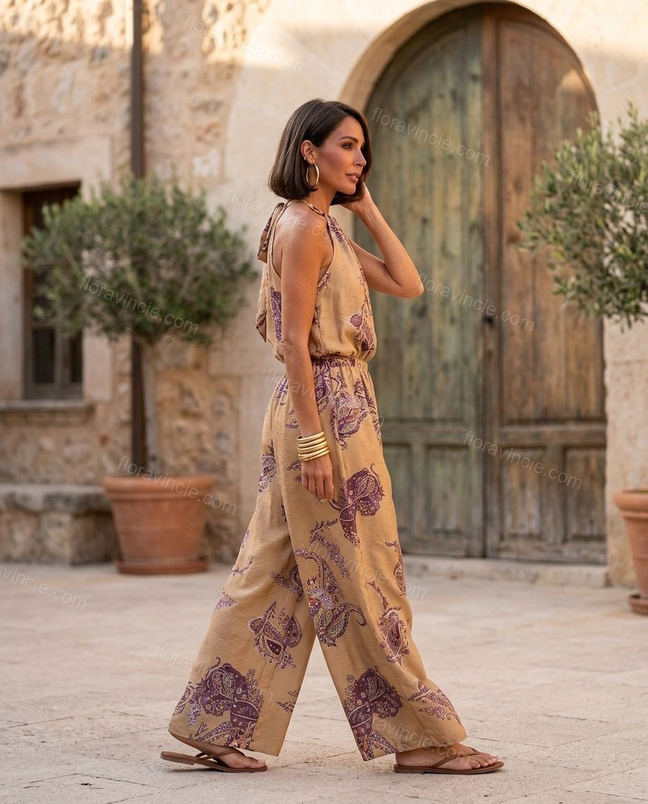 Tan Paisley Halter Tie-Neck Jumpsuit, three-quarter brand lifestyle view, by Floravincie