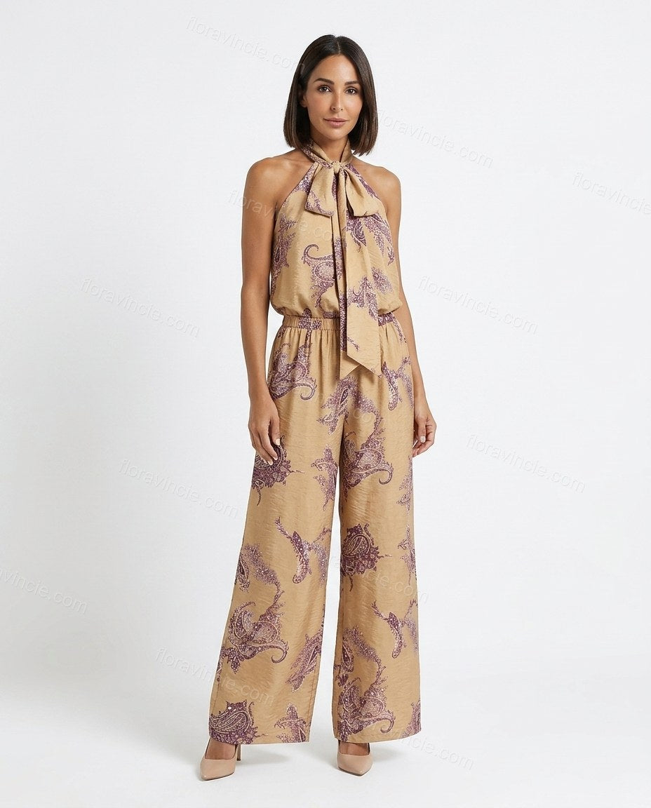 Tan Paisley Halter Tie-Neck Jumpsuit, front studio view, by Floravincie
