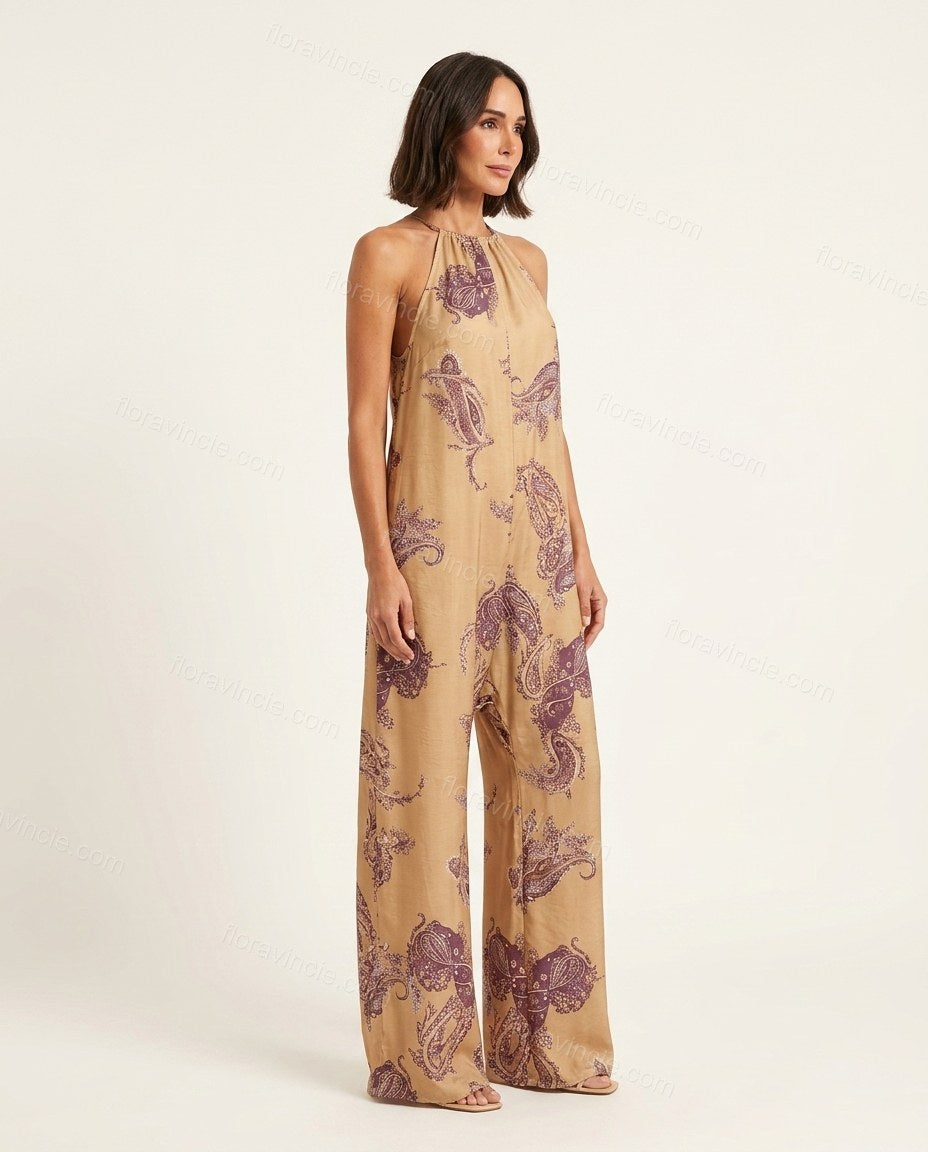 Tan Paisley Halter Tie-Neck Jumpsuit, side and back studio view showing open back with halter tie closure, by Floravincie