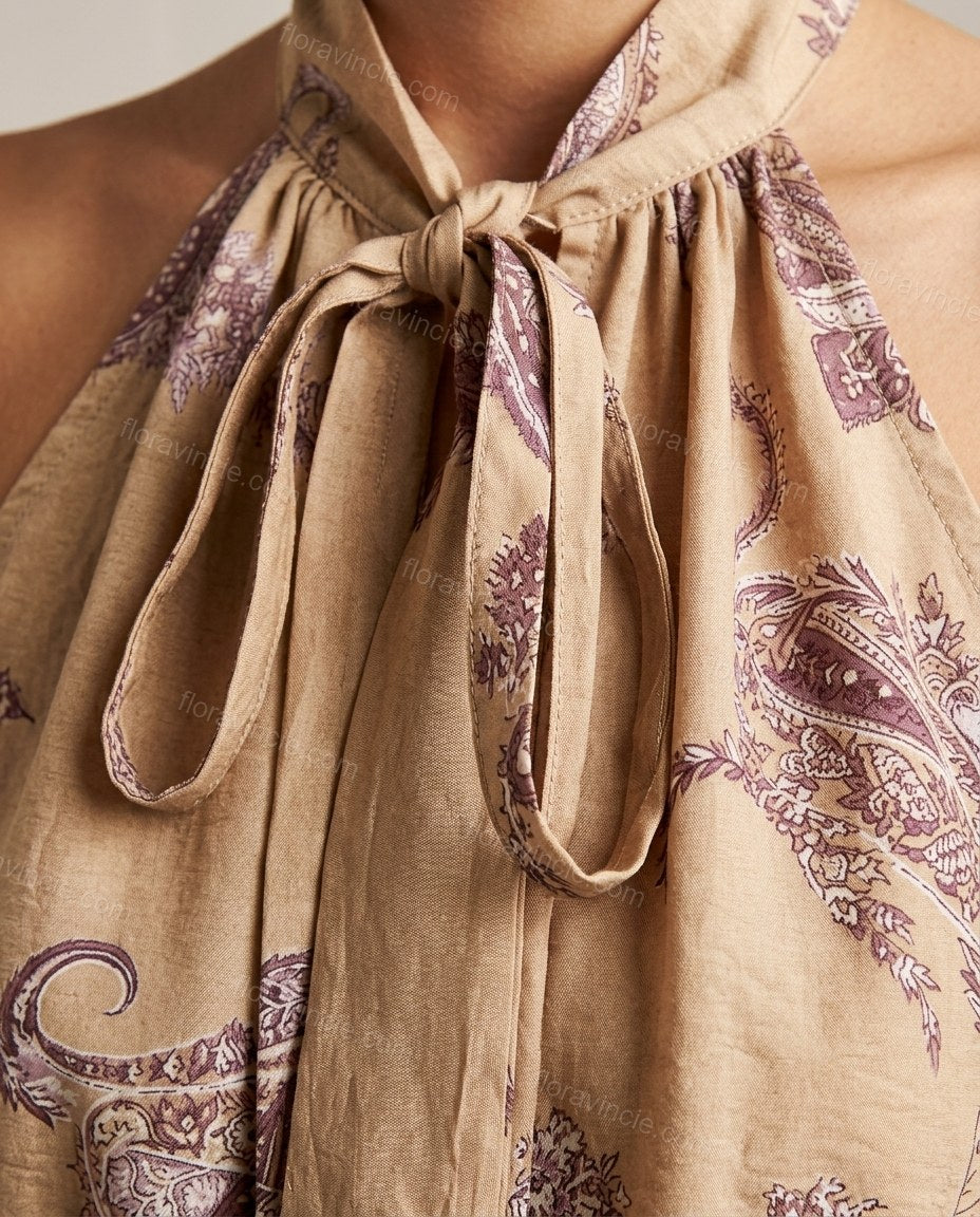 Tan Paisley Halter Tie-Neck Jumpsuit, close-up of paisley, by Floravincie