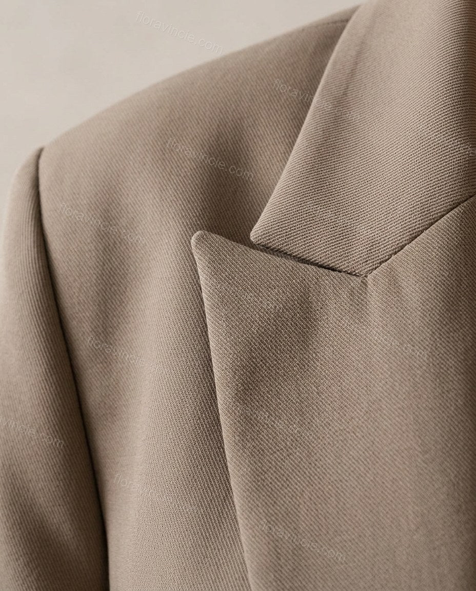 Taupe Blazer, close-up of notched lapels, front flap pockets and single-breasted, by Floravincie