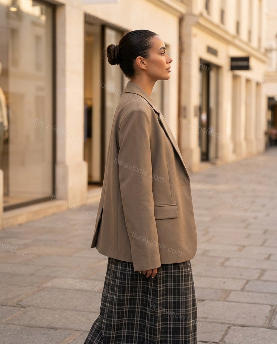 Taupe Blazer, movement and fit lifestyle view, by Floravincie