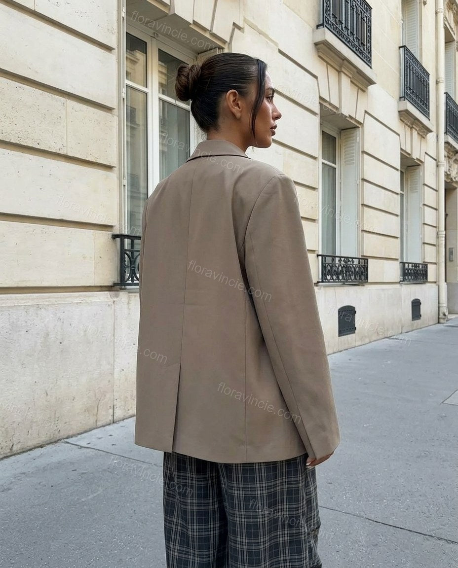 Taupe Blazer, back studio view showing plain back, no visible vents, by Floravincie