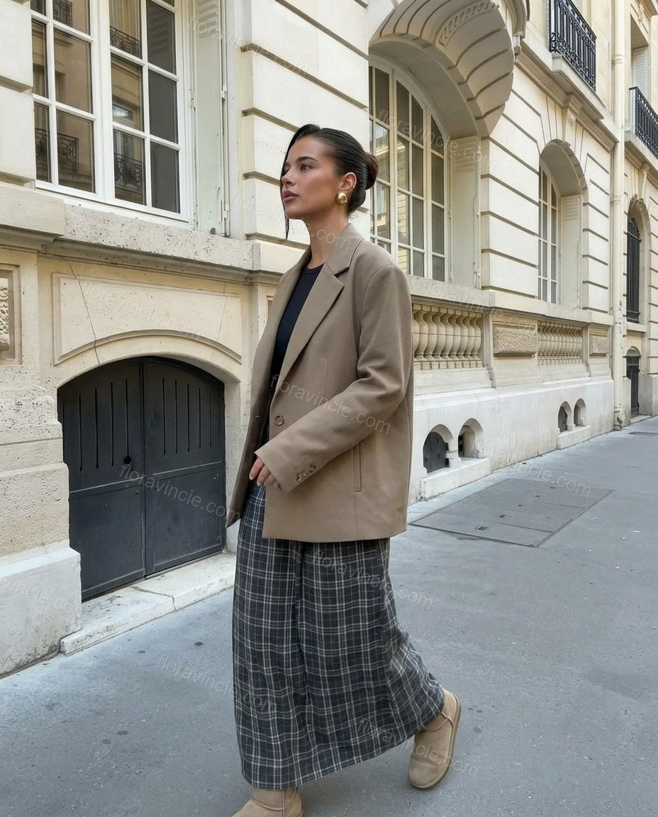 Taupe Blazer, walking lifestyle view, by Floravincie