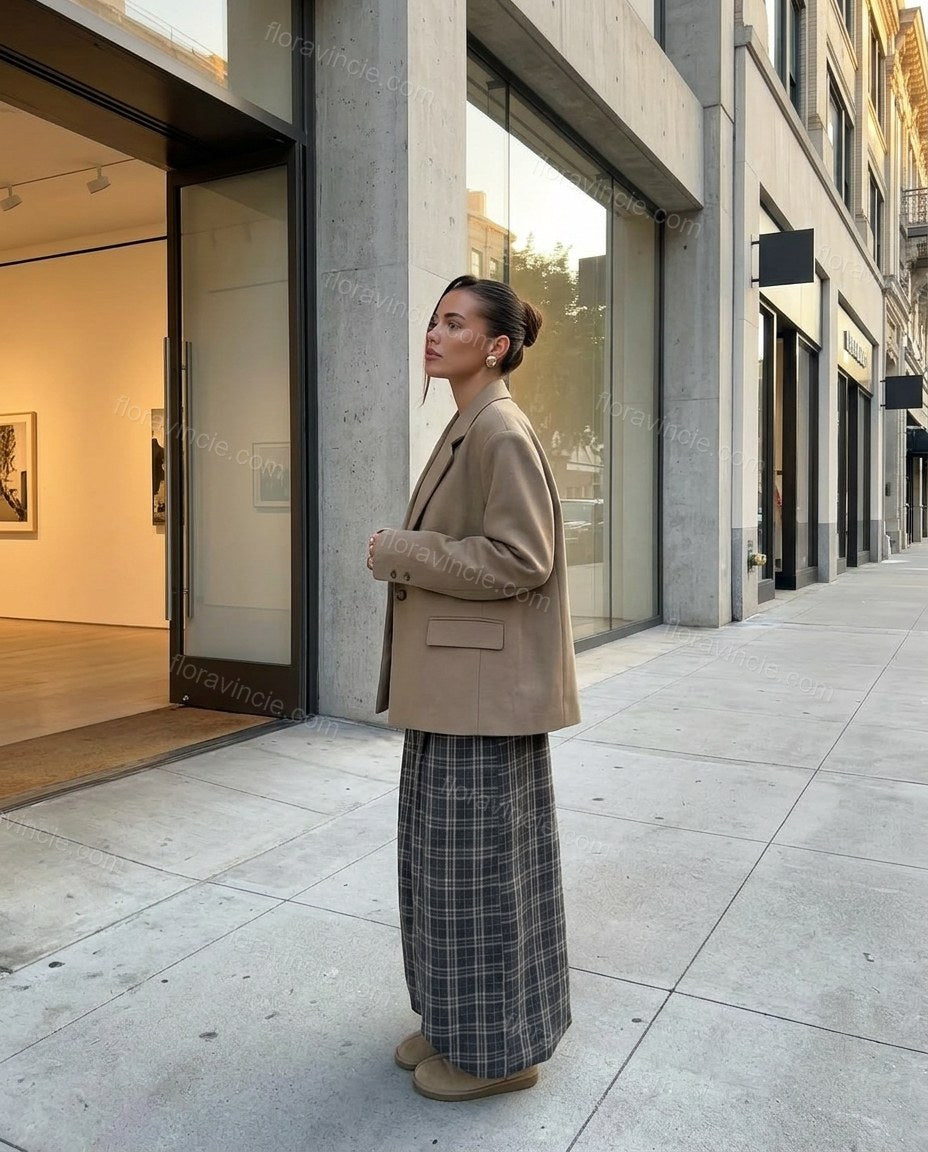 Taupe Blazer, three-quarter brand lifestyle view, by Floravincie
