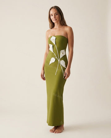 Olive Green Floral Maxi Strapless Dress, full-length hero view, by Floravincie