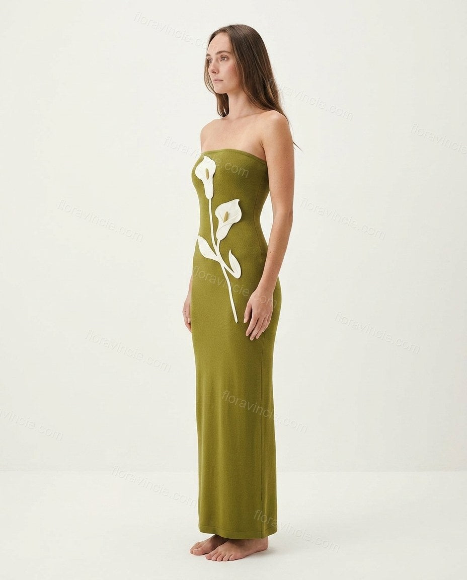 Olive Green Floral Maxi Strapless Dress, side and back studio view, by Floravincie
