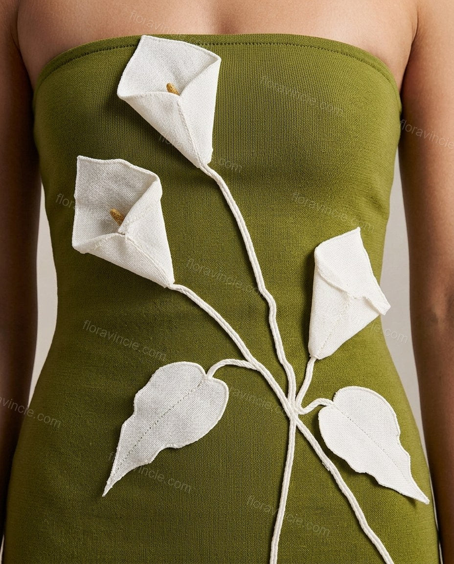 Olive Green Floral Maxi Strapless Dress, close-up of floral, by Floravincie