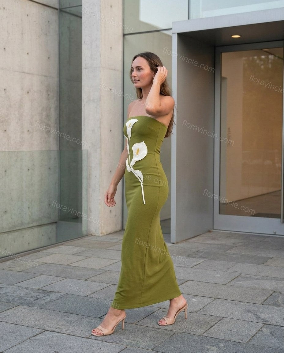 Olive Green Floral Maxi Strapless Dress, walking lifestyle view, by Floravincie