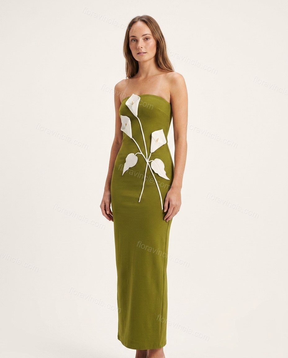 Olive Green Floral Maxi Strapless Dress, front studio view, by Floravincie