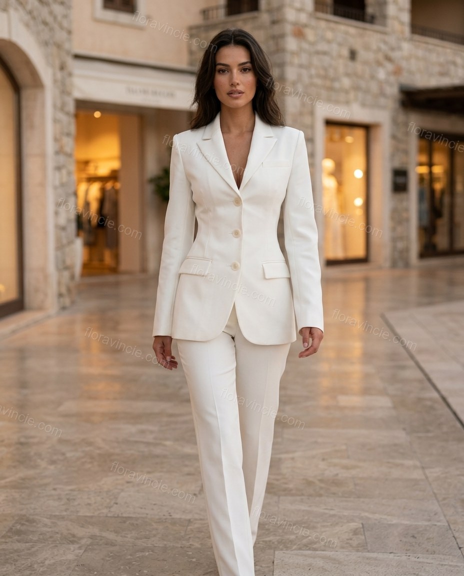 White Blazer & Skirt Set, movement and fit lifestyle view, by Floravincie