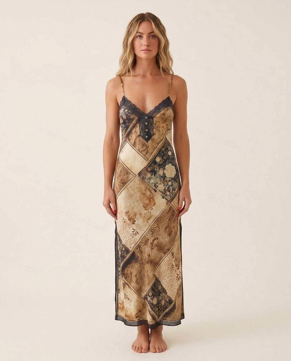 Brown Patchwork Maxi Satin Dress, front studio view, by Floravincie