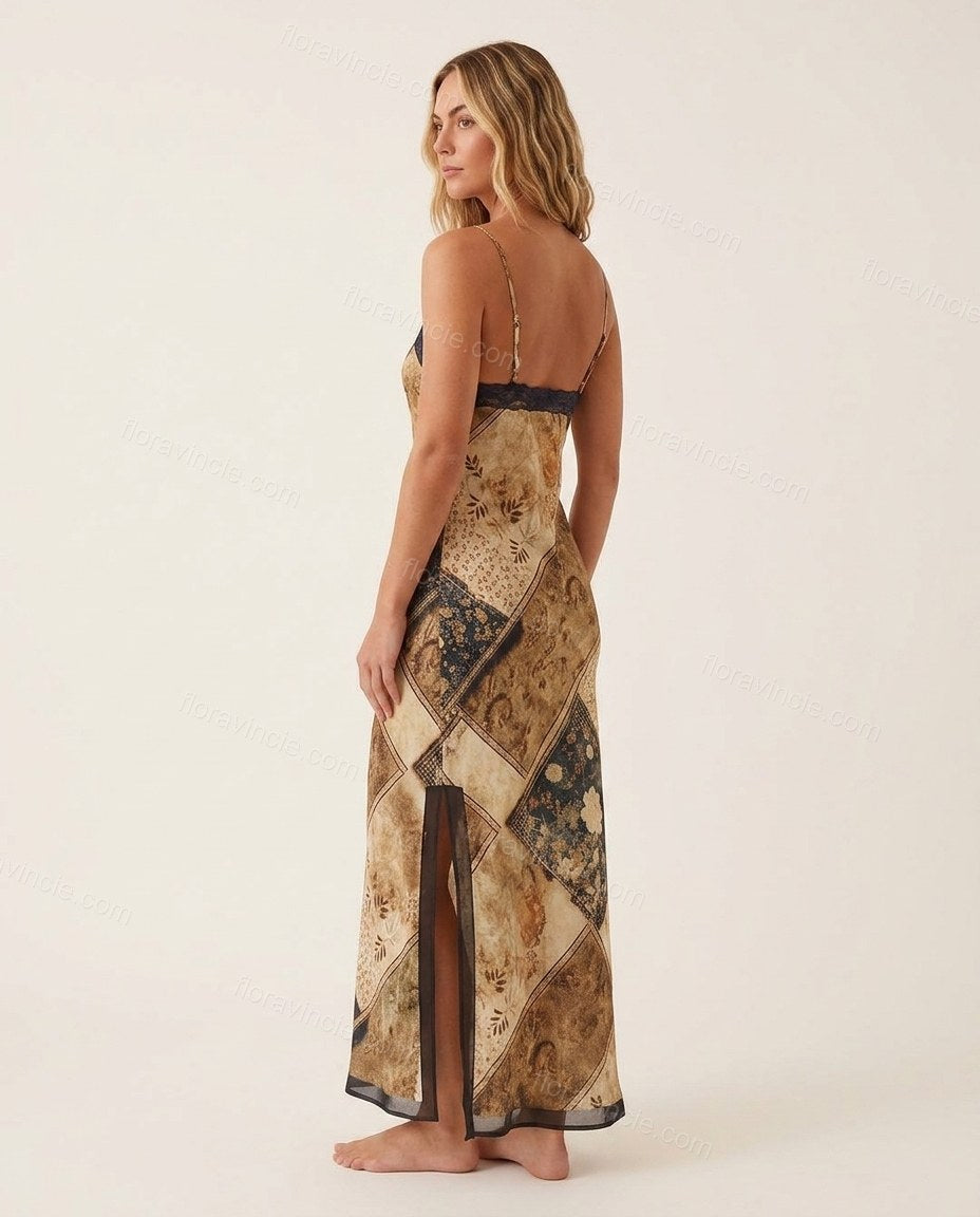 Brown Patchwork Maxi Satin Dress, back studio view, by Floravincie