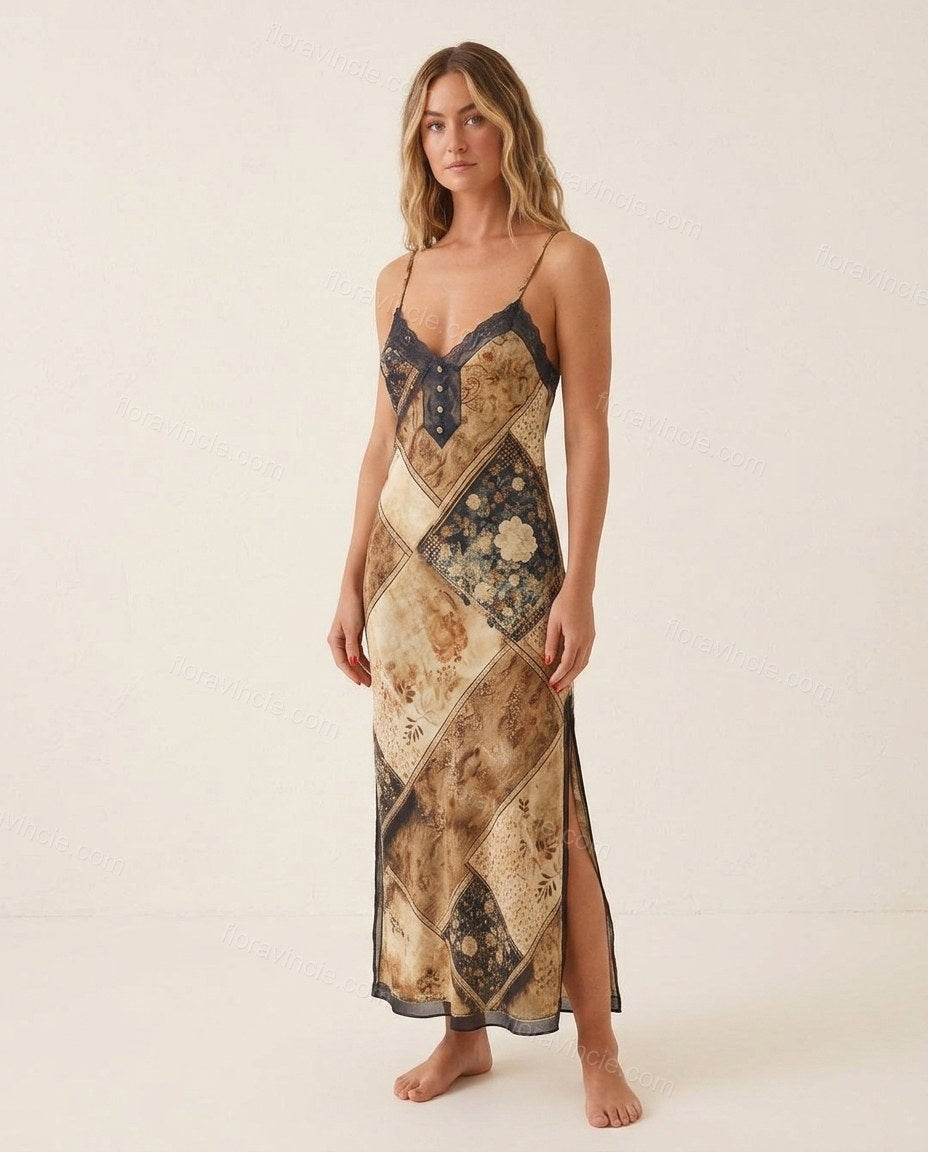 Brown Patchwork Maxi Satin Dress, full-length hero view, by Floravincie
