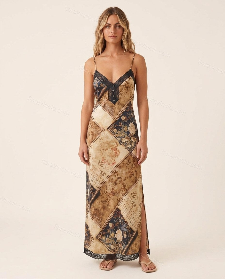 Brown Floral Maxi Satin Dress, front studio view, by Floravincie