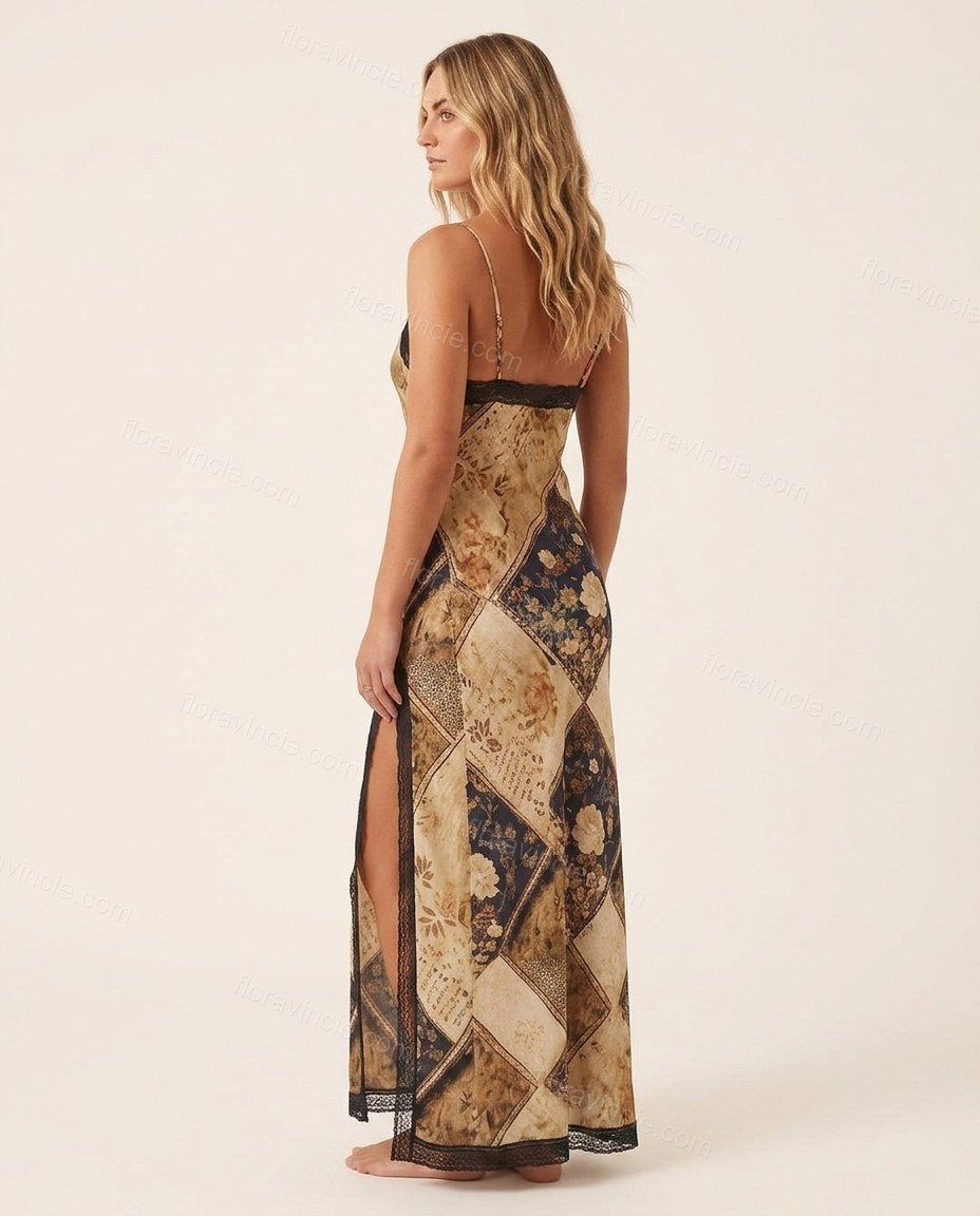 Brown Floral Maxi Satin Dress, back studio view, by Floravincie