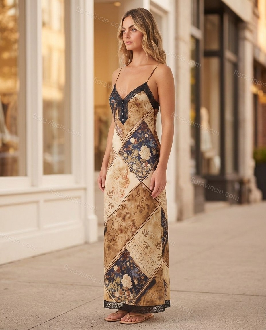 Brown Floral Maxi Satin Dress, three-quarter brand lifestyle view, by Floravincie