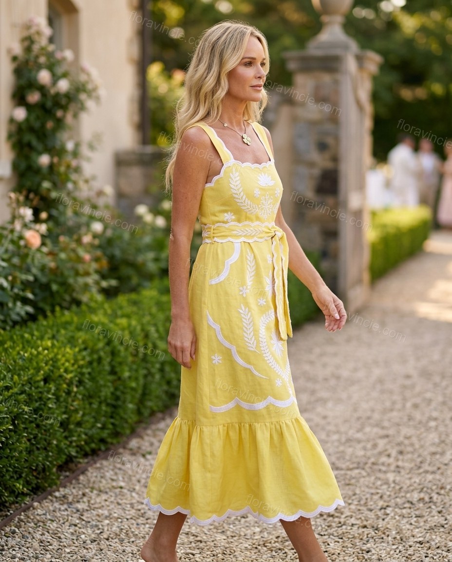 Yellow Maxi Embroidered Ruffled Dress, three-quarter brand lifestyle view, by Floravincie