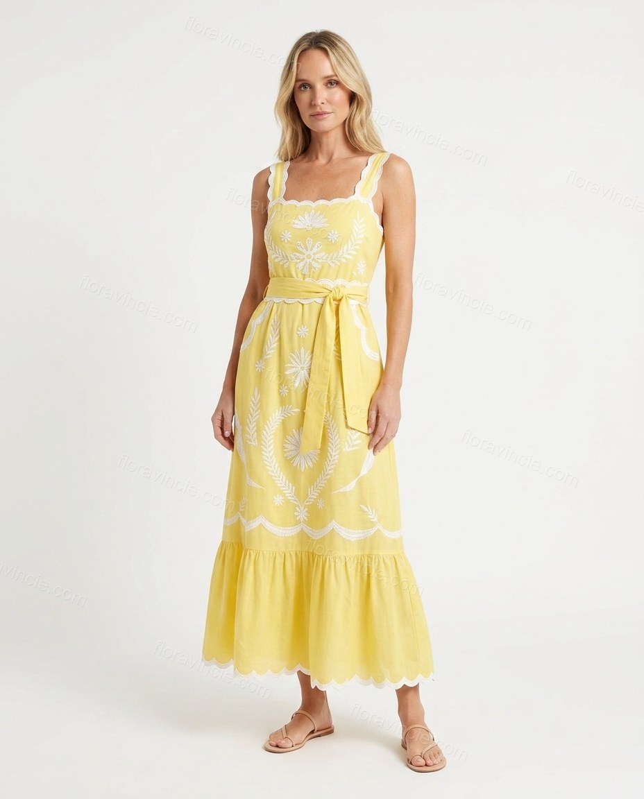 Yellow Maxi Embroidered Ruffled Dress, front studio view, by Floravincie