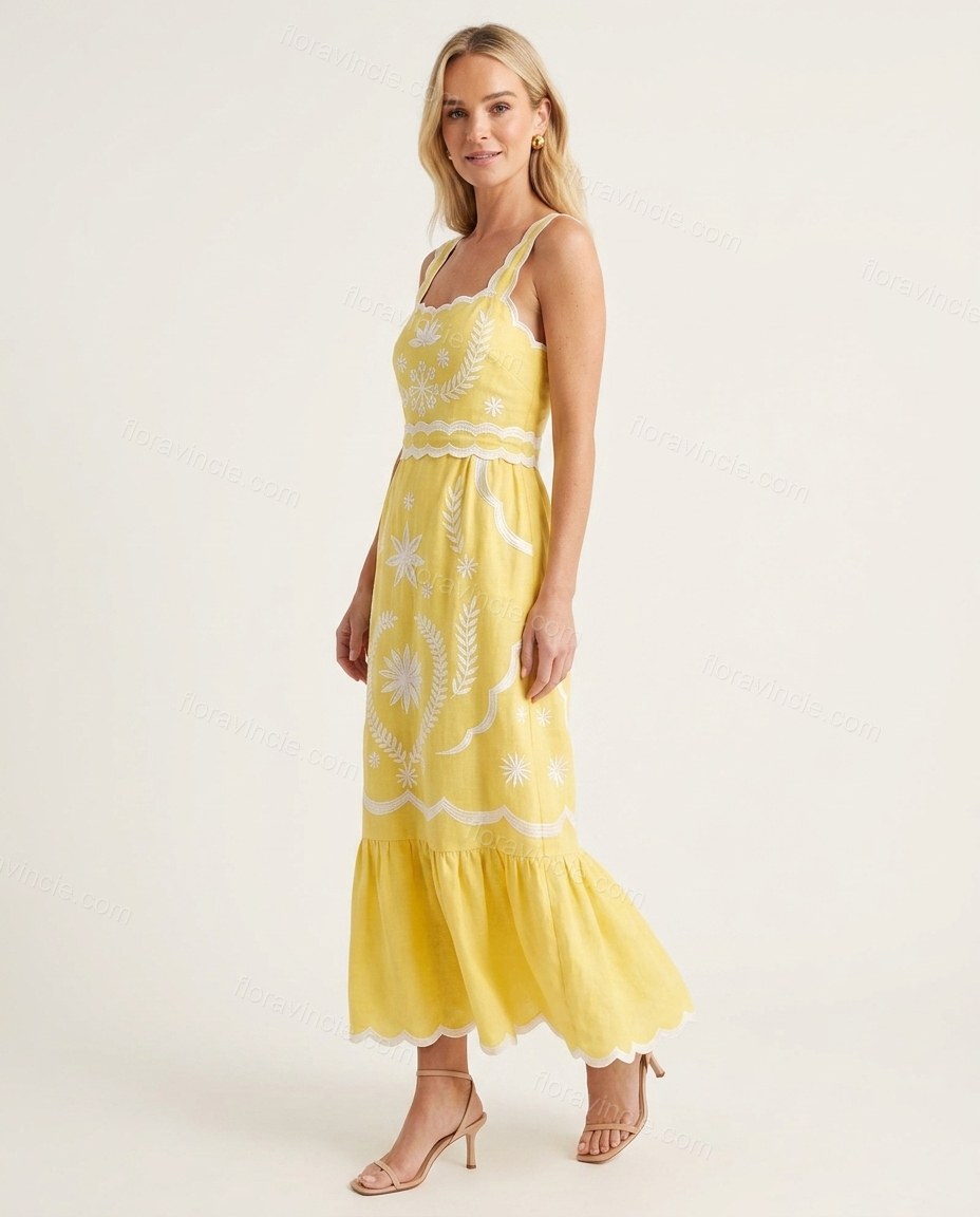 Yellow Maxi Embroidered Ruffled Dress, side and back studio view, by Floravincie