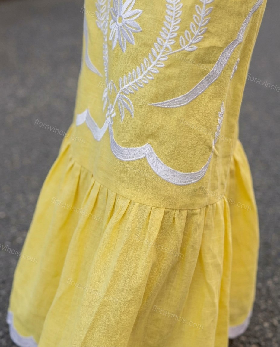 Yellow Maxi Embroidered Ruffled Dress, close-up of white embroidery, ruffled hem and scalloped trim, by Floravincie