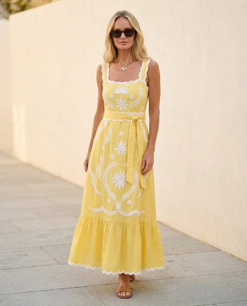 Yellow Maxi Embroidered Ruffled Dress, full-length hero view, by Floravincie