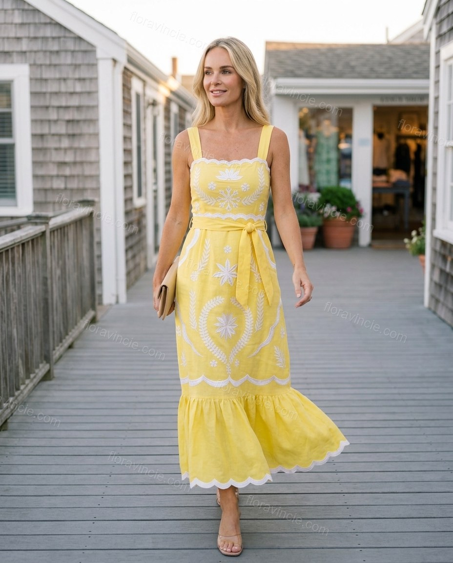 Yellow Maxi Embroidered Ruffled Dress, movement and fit lifestyle view, by Floravincie