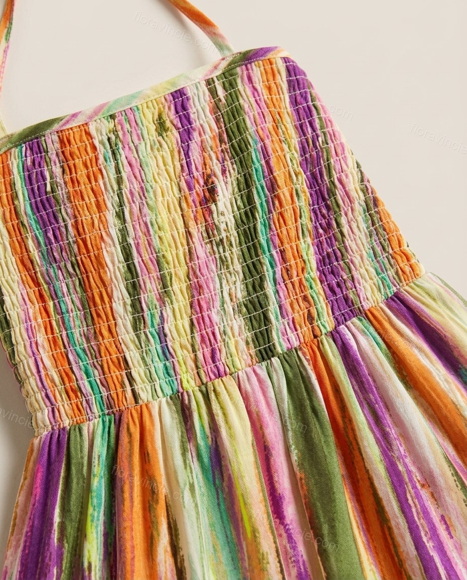 Multi-Color Striped Maxi Halter Dress, close-up of striped, by Floravincie