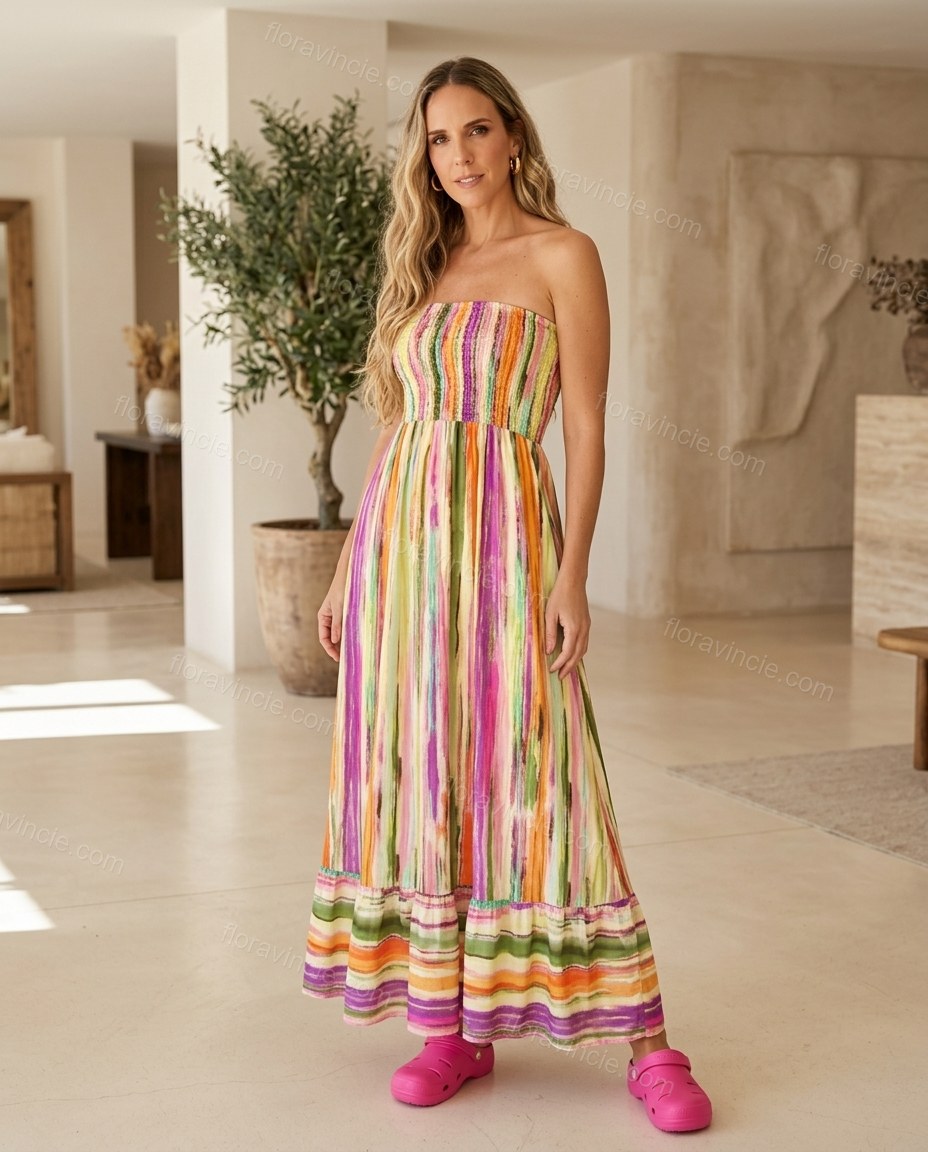 Multi-Color Striped Maxi Halter Dress, full-length hero view, by Floravincie