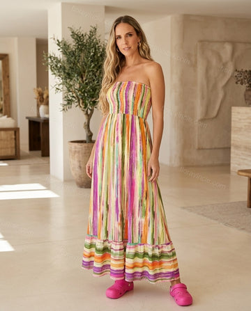 Multi-Color Striped Maxi Halter Dress, full-length hero view, by Floravincie