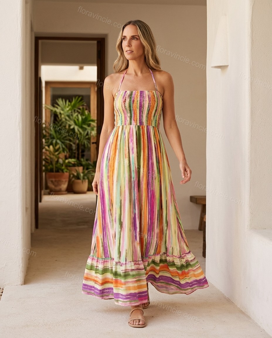 Multi-Color Striped Maxi Halter Dress, three-quarter brand lifestyle view, by Floravincie