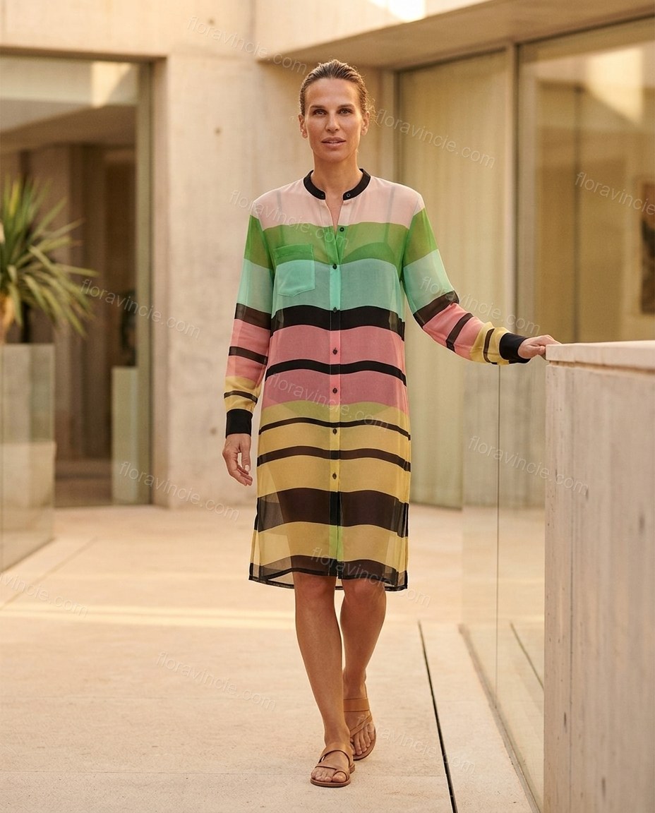 Multi-Color Striped Dress, three-quarter brand lifestyle view, by Floravincie
